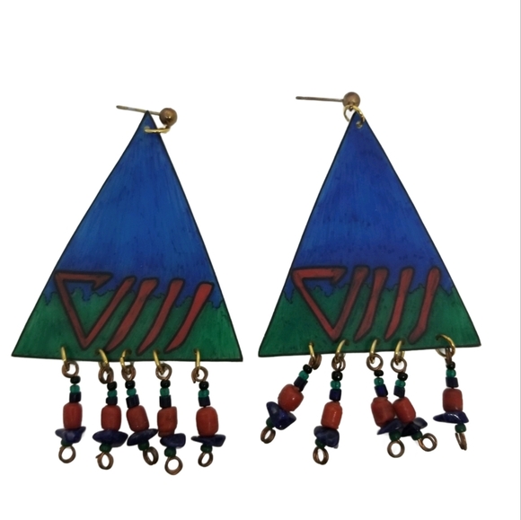 ARTISAN SIGNED 90s TRIBAL STYLE ABSTRACT DROP EARRINGS - Picture 2 of 5